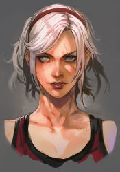 Rule 34 | 1girl, blue eyes, collarbone, cropped torso, grey background, hairband, hungry clicker, lidia sobieska, looking at viewer, medium hair, namco, red hairband, red tank top, scar, scar across eye, scar on face, solo, tank top, tekken, upper body, white hair