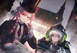 Rule 34 | 2girls, aek-999 (babe driver) (girls&#039; frontline), aek-999 (girls&#039; frontline), alternate costume, badge, black jacket, black neckwear, blush, bow, braid, buttons, cigar, city lights, cityscape, clothes writing, collared shirt, girls&#039; frontline, gloves, grey hair, hair ornament, hair over shoulder, hairclip, hat, headphones, headphones around neck, heiwari kanade, hexagram, holding, holding cigar, hood, hooded jacket, jacket, key, leaning on object, light, long hair, looking at viewer, multiple girls, necktie, negev (girls&#039; frontline), newspaper, night, official alternate costume, open clothes, open jacket, parted lips, pink hair, rain, red bow, red eyes, scenery, shirt, sidelocks, signature, smile, star of david, striped clothes, striped shirt, top hat, vest, white gloves, white shirt, yellow eyes