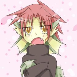 Rule 34 | 1girl, 884449, blush, crossed arms, dragon girl, facial tattoo, fang, granberia, looking at viewer, mon-musu quest!, monster girl, open mouth, red hair, scales, shadow, short hair, solo, sweater, tattoo, tau (tau 1111), turtleneck, upper body, yellow eyes