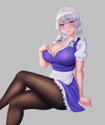 Rule 34 | 1girl, :q, absurdres, apron, black pantyhose, blue dress, blue eyes, blush, braid, breasts, cleavage, commentary request, crossed legs, dress, feet out of frame, frills, grey background, hand up, highres, izayoi sakuya, large breasts, looking at viewer, maid headdress, mimasi osuwari, pantyhose, side braids, silver hair, simple background, sitting, solo, tongue, tongue out, touhou, twin braids, waist apron
