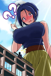 Rule 34 | 1boy, 1girl, ahoge, blue hair, blue shirt, blue sky, blush, breasts, building, cloud, covered erect nipples, from below, giant, giantess, highres, idolmaster, idolmaster (classic), large breasts, miura azusa, ochisoyaaa (speedylateness), open mouth, producer (idolmaster), producer (idolmaster anime), red eyes, shirt, short hair, sky, sleeveless, sleeveless shirt, surprised, sweat