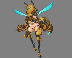 Rule 34 | 1girl, absurdres, amputee, antennae, cyborg, dated, female focus, flying, grey background, highres, arthropod girl, mask, monster girl, muhut, navel, original, prosthesis, quadruple amputee, scar, signature, solo, wings