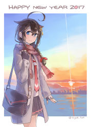Rule 34 | 10s, 1girl, 2017, ahoge, bag, blue eyes, braid, brown hair, coat, dated, fingerless gloves, gloves, hair flaps, hair ornament, hair over shoulder, hair ribbon, happy new year, highres, kantai collection, necktie, new year, pleated skirt, ribbon, scarf, shigure (kancolle), shigure kai ni (kancolle), single braid, skirt, smile, solo, sugue 304, sunset, twitter username