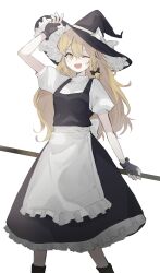 Rule 34 | absurdres, apron, arm up, bandaid, bandaid on cheek, bandaid on face, black gloves, black ribbon, blonde hair, boots, bow, braid, fang, fingerless gloves, frilled apron, frilled skirt, frills, gloves, hand up, hat, hat bow, highres, kirisame marisa, long hair, puffy short sleeves, puffy sleeves, retri, ribbon, shirt, short sleeves, simple background, skirt, smile, solo, standing, touhou, white apron, white background, white shirt, witch, witch hat, yellow eyes