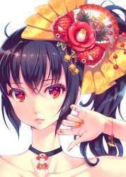 Rule 34 | 1girl, ahoge, bell, black hair, bracelet, camellia, choker, close-up, collarbone, commentary request, fish hair ornament, flower, folding fan, hair bell, hair flower, hair ornament, hand fan, jewelry, jingle bell, kagami mochi, lips, long hair, looking at viewer, nail art, nail polish, nishimura eri, origami, original, oshougatsu-chan, paper crane, parted lips, red eyes, side ponytail, solo, upper body
