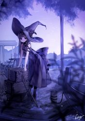 Rule 34 | 1girl, bad id, bad pixiv id, boat, bow, crate, dock, dress, full body, hat, long hair, looking at viewer, monochrome, night, night sky, original, purple eyes, purple hair, purple theme, rope, signature, sky, sleeveless, smile, solo, staff, star trail, sukja, watercraft, witch, witch hat