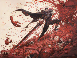 Rule 34 | 1boy, armor, berserk, black armor, black cape, black eyes, black hair, blood, blood on clothes, blood on face, blood on hands, blood splatter, bloody weapon, cape, clenched teeth, commentary, corpse, demon, edward delandre, english commentary, eyeball, full body, greatsword, guro, guts (berserk), highres, holding, holding sword, holding weapon, muscular, muscular male, pile of corpses, severed hand, short hair, skull, spiked hair, standing, sword, teeth, two-handed, weapon