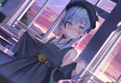 Rule 34 | 1girl, armpits, bare shoulders, beret, black hat, black jacket, black skirt, blue hair, blush, breasts, brown hair, closed mouth, collared shirt, commentary request, curtains, desk, dress shirt, dutch angle, green eyes, grey vest, hair ornament, hat, highres, indie virtual youtuber, indoors, jacket, kanzarin, kanzarin (vtuber), long sleeves, looking at viewer, multicolored hair, nose blush, off shoulder, open clothes, open jacket, pleated skirt, school desk, school uniform, shirt, skirt, sleeveless, sleeveless shirt, small breasts, smile, solo, sunset, two-tone hair, vest, virtual youtuber, white shirt