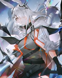 1girl 3o_c animal_ears arknights black_gloves rabbit_ears frostnova_(arknights) gloves hair_over_one_eye highres holding holding_weapon jacket long_hair looking_at_viewer scar scar_on_face shirt grey_eyes silver_hair solo weapon