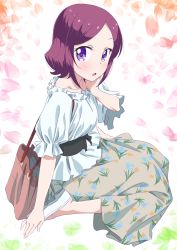Rule 34 | 1girl, brown hair, collarbone, from side, full body, grey skirt, hand on own cheek, hand on own face, highres, long skirt, looking at viewer, makicha (sasurainopink), new game!, open mouth, purple eyes, shirt, short hair, sitting, skirt, solo, tooyama rin, white footwear, white shirt
