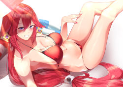Rule 34 | 1girl, bikini, breasts, earrings, genshin impact, gold earrings, grin, highres, jewelry, large breasts, long hair, looking at viewer, low-tied long hair, lying, misa pika, mitsudomoe (shape), navel, on back, purple eyes, red bikini, red hair, red nails, smile, solo, stomach, swimsuit, thighs, tomoe (symbol), very long hair, vision (genshin impact), yae miko