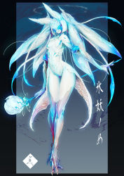Rule 34 | 1girl, aqua eyes, blue eyes, blue skin, breasts, colored skin, cracked skin, extra eyes, fewer digits, full body, glowing, grin, halo, highres, holding, holding staff, looking at viewer, mabo9317, mixed-language commentary, monster girl, multiple tails, nude, original, outside border, sharp toenails, small breasts, smile, solo, staff, tail, tentacle hair, tentacles, toenails, two tails
