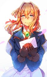 Rule 34 | 1girl, blonde hair, blue eyes, blue jacket, braid, brooch, closed mouth, crying, crying with eyes open, dress, gloves, hair between eyes, hair intakes, hair ribbon, holding, holding letter, jacket, jewelry, letter, long hair, long sleeves, looking at viewer, mozuku (mozuuru0323), puffy sleeves, red ribbon, ribbon, solo, streaming tears, tearing up, tears, violet evergarden, violet evergarden (series), white neckwear