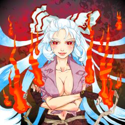 Rule 34 | 1girl, adapted costume, black gloves, blue hair, bow, breasts, center opening, cleavage, collarbone, crossed arms, female focus, fingerless gloves, fire, fire, front-tie top, fujiwara no mokou, gloves, hair bow, lips, long hair, looking at viewer, mago (gengennikoniko), navel, no bra, red eyes, shirt, silver hair, smile, solo, straight hair, tied shirt, touhou, upper body, very long hair