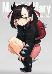 Rule 34 | 1girl, absurdres, backpack, bag, black footwear, black jacket, black nails, boots, brown hair, character name, closed mouth, commentary request, creatures (company), dress, ear piercing, full body, game freak, green eyes, hair ribbon, hand up, highres, jacket, katsu (katsupainter), long sleeves, looking at viewer, marnie (pokemon), nail polish, nintendo, piercing, pink dress, pokemon, pokemon swsh, red bag, red ribbon, ribbon, solo, squatting