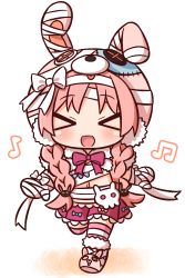 Rule 34 | &gt; &lt;, 1girl, :d, absurdres, animal ears, animal hat, bandaged arm, bandaged hand, bandages, beamed eighth notes, blush, bow, braid, button eyes, buttons, chibi, closed eyes, eighth note, facing viewer, fake animal ears, full body, hair ornament, hana kazari, hat, highres, long hair, low twintails, mimi (halloween) (princess connect!), mimi (princess connect!), musical note, navel, open mouth, parted bangs, pink footwear, pink hair, pink hat, pleated skirt, princess connect!, purple bow, purple skirt, rabbit ears, rabbit hair ornament, rabbit hat, skirt, smile, solo, striped clothes, striped thighhighs, thighhighs, twin braids, twintails, very long hair, walking, white background, xd