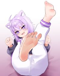 Rule 34 | 1girl, :3, absurdres, ahoge, akabashi yuusuke, animal ear fluff, animal ears, ass, barefoot, black hoodie, blush, cat ears, cat girl, commentary, commission, feet, feet up, foot focus, full body, hair between eyes, highres, hololive, hood, hoodie, long sleeves, looking at viewer, lying, mixed-language commentary, nekomata okayu, nekomata okayu (1st costume), on back, open mouth, paid reward available, purple eyes, purple hair, short hair, simple background, skeb commission, smile, soles, solo, toes, virtual youtuber