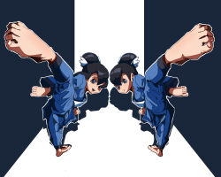 1boy 1girl 2049_(hh5566) absurdres ahoge barefoot black_hair brown_eyes child clenched_hands creatures_(company) eyelashes feet fighting_stance fingernails flat_chest flexible foot_focus full_body game_freak gym_leader hair_between_eyes happy highres leg_up liza_(pokemon) long_fingernails long_hair looking_at_viewer nintendo open_mouth outstretched_leg pants pokemon pokemon_oras serious siblings sidelocks standing standing_on_one_leg tate_(pokemon) toenails toes topknot twins