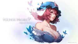 Rule 34 | 1girl, bare shoulders, blue dress, breasts, bug, butterfly, character name, cleavage, dress, female focus, hat, highres, bug, large breasts, mob cap, off shoulder, pink eyes, pink hair, saigyouji yuyuko, short hair, sola7764, solo, touhou, triangular headpiece, upper body, veil