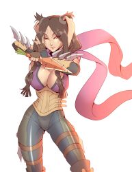 Rule 34 | 1girl, alternate costume, breasts, brown hair, carrot, cleru (cleruuuuu), fingerless gloves, fire emblem, fire emblem awakening, gloves, gluteal fold, highres, knife, large breasts, long hair, looking at viewer, nintendo, panne (fire emblem), pants, rabbit girl, red eyes, scarf, solo, twintails, weapon