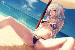 Rule 34 | 3girls, ahoge, artoria pendragon (all), artoria pendragon (fate), artoria pendragon (swimsuit archer) (fate), artoria pendragon (swimsuit archer) (first ascension) (fate), beach, bikini, black bikini, blonde hair, blue sky, blush, breasts, closed mouth, day, dutch angle, fate/apocrypha, fate/grand order, fate/stay night, fate (series), frown, highres, horizon, jeanne d&#039;arc (fate), jeanne d&#039;arc (ruler) (fate), jeanne d&#039;arc alter (avenger) (fate), jeanne d&#039;arc alter (fate), kawanakajima, leaning back, looking at viewer, medium breasts, mordred (fate), mordred (fate) (all), mordred (fate/apocrypha), mordred (swimsuit rider) (fate), multiple girls, navel, ocean, open clothes, open shirt, outdoors, saber (fate), sand, see-through, shirt, short hair, silver hair, sitting, sky, solo focus, spread legs, stomach, sunlight, surfboard, sweat, swimsuit, thighs, water gun, wet, wet clothes, wet shirt, yellow eyes