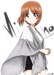 Rule 34 | 10s, 1girl, artist name, black skirt, bukkuri, casual, character name, closed mouth, cowboy shot, dated, from side, girls und panzer, highres, light smile, looking back, miniskirt, nishizumi miho, own hands together, romaji text, shawl, shirt, short hair, signature, simple background, sketch, skirt, solo, standing, white background, white shirt, wind