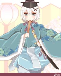 Rule 34 | 1girl, absurdres, black headwear, blue eyes, blue kimono, blush, butterfly hair ornament, closed mouth, english text, floral background, floral print, grey hair, hair between eyes, hair ornament, highres, hinamatsuri, holding, holding sheath, japanese clothes, kimono, long sleeves, looking at viewer, non (wednesday-classic), original, sheath, sheathed, solo, sword, weapon, wide sleeves