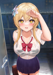 Rule 34 | 1girl, artist name, black bra, blonde hair, blush, bow, bowtie, bra, bra visible through clothes, breasts, cleavage, collarbone, commentary request, door, flower, fukuro daizi, genshin impact, hair flower, hair ornament, highres, large breasts, long hair, looking at viewer, lumine (genshin impact), open mouth, pleated skirt, purple skirt, rain, red bow, red bowtie, see-through, shirt, short sleeves, skirt, solo, tears, underwear, wet, wet clothes, wet hair, wet shirt, wet skirt, white shirt, yellow eyes
