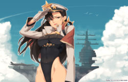 Rule 34 | 1girl, aircraft carrier, artist name, black eyes, black hair, black leotard, breasts, capelet, closed eyes, copyright request, gloves, hand up, hat, highleg, highleg leotard, jacket, large breasts, leotard, long sleeves, looking at viewer, military, military vehicle, peaked cap, saltyicecream, salute, ship, smile, solo, spikes, upper body, warship, watercraft, white gloves, white jacket