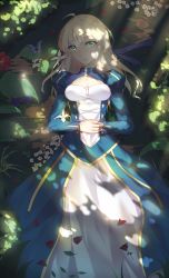 Rule 34 | 1girl, ahoge, alios arvin, artoria pendragon (all), artoria pendragon (fate), blonde hair, blue dress, bug, butterfly, dappled sunlight, dress, fate/stay night, fate (series), flower, forest, green eyes, highres, insect, long hair, lying, mushroom, nature, on back, outdoors, own hands together, petals, saber (fate), sunlight