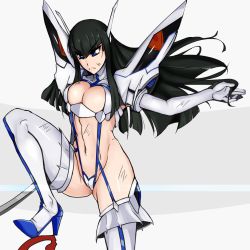 Rule 34 | 10s, 1girl, aegis (nerocc), black hair, blue eyes, boots, breasts, bruise, cameltoe, cleavage, cleavage cutout, cleft of venus, clothing cutout, frown, high heel boots, high heels, injury, junketsu, kill la kill, kiryuuin satsuki, large breasts, long hair, navel, revealing clothes, solo, suspenders, thigh boots, thighhighs