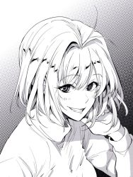 Rule 34 | 1girl, ahoge, arcueid brunestud, bonkara (sokuseki maou), breasts, commentary request, from above, gradient background, greyscale, grin, hand in own hair, long sleeves, looking at viewer, monochrome, short hair, smile, solo, sweater, tsukihime, upper body