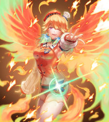 Rule 34 | 1girl, absurdres, belt, breasts, chef hat, detached sleeves, earrings, embers, feather earrings, feathers, fiery wings, glowing, gradient hair, gradient wings, green hair, green wings, hat, highres, hololive, hololive english, jewelry, looking at viewer, medium breasts, mini hat, multicolored hair, multicolored wings, navel, one eye closed, open hand, orange hair, orange hat, orange skirt, orange wings, purple eyes, skirt, solo, takanashi kiara, takanashi kiara (1st costume), textless version, thighhighs, virtual youtuber, white hat, wings, yohchi