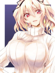 Rule 34 | 1girl, blonde hair, commentary request, earrings, hair between eyes, hair ribbon, jewelry, kurokawa (silve), looking at viewer, moltena (sennen sensou aigis), parted lips, red eyes, ribbed sweater, ribbon, sennen sensou aigis, short hair, smile, solo, sweater, turtleneck, upper body, wavy hair, white sweater
