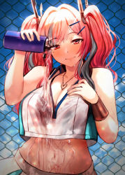 Rule 34 | 1girl, azur lane, bad id, bad pixiv id, bare shoulders, blue sky, blush, bottle, bra, breasts, bremerton (azur lane), bremerton (scorching-hot training) (azur lane), chain-link fence, cleavage, closed mouth, cloud, collared shirt, commentary, day, fence, green skirt, hair ornament, hairclip, hand on own chest, head tilt, heart, heart necklace, highres, jewelry, large breasts, long hair, looking at viewer, midriff, mole, mole under eye, multicolored hair, navel, necklace, pink eyes, pink hair, pouring, pouring onto self, red eyes, sakaki rin, see-through, shirt, short sleeves, sidelocks, skirt, sky, sleeveless, sleeveless shirt, smile, solo, sportswear, streaked hair, sweat, tennis, tennis uniform, twintails, two-tone skirt, underwear, upper body, water, water bottle, wet, white shirt, white skirt, wristband