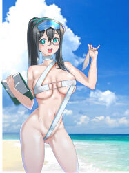 Rule 34 | 1girl, alternate breast size, alternate costume, alternate hairstyle, asymmetrical hair, beach, black hair, blue sky, breasts, casual one-piece swimsuit, clipboard, collarbone, day, eyewear on head, green eyes, green hairband, hairband, highres, holding, holding clipboard, holding quill, kantai collection, long hair, looking at viewer, medium breasts, navel, ocean, one-piece swimsuit, ooyodo (kancolle), open mouth, outdoors, ponytail, quill, reizou, round teeth, semi-rimless eyewear, sky, solo, standing, swimsuit, teeth, under-rim eyewear, upper teeth only, white one-piece swimsuit