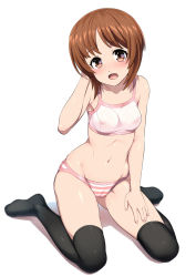 Rule 34 | 10s, 1girl, black thighhighs, blush, breasts, brown hair, cameltoe, covered erect nipples, girls und panzer, hand on own thigh, highres, looking at viewer, nipples, nishizumi miho, open mouth, panties, see-through, shin&#039;ya (shin&#039;yanchi), short hair, simple background, small breasts, solo, sports bra, striped clothes, striped panties, thighhighs, thighs, underwear, underwear only, white background