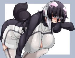 Rule 34 | 1girl, absurdres, african penguin (kemono friends), animal costume, black gloves, black hair, blush, breasts, gloves, headphones, highres, kemono friends, kneehighs, large breasts, long hair, looking at viewer, multicolored hair, open mouth, penguin costume, penguin tail, pink hair, red eyes, shirt, simple background, socks, solo, sweat, tail, urisaba, white hair