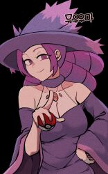 Rule 34 | 1girl, black background, breasts, cleavage, collar, collarbone, cosplay, creatures (company), dress, fantina (pokemon), film grain, game freak, gen 4 pokemon, gigobyte350, hand on own hip, hand up, hat, highres, holding, holding poke ball, long hair, looking at viewer, mismagius, mismagius (cosplay), nail polish, nintendo, off-shoulder dress, off shoulder, poke ball, poke ball (basic), pokemon, pokemon dppt, purple collar, purple dress, purple hair, purple nails, quad tails, upper body, witch hat
