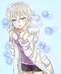 Rule 34 | 10s, 1girl, :d, anastasia (idolmaster), blue background, blue eyes, coat, cowboy shot, cross, cross necklace, fur collar, idolmaster, idolmaster cinderella girls, jewelry, looking at viewer, masunosushi, necklace, open clothes, open coat, open mouth, short hair, shorts, silver hair, smile, snowflakes, solo, winter clothes, winter coat
