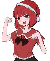 Rule 34 | 1girl, arima kana, bob cut, christmas, hat, highres, inverted bob, looking at viewer, masamune-tan, merry christmas, open mouth, oshi no ko, red eyes, red hair, red shirt, santa hat, shirt, short hair, simple background, smile, solo, upper body, white background