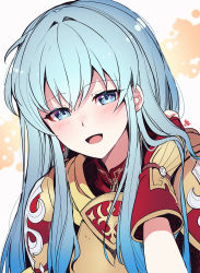 Rule 34 | 1girl, adjusting hair, armor, blouse, blue eyes, blue hair, blush, earrings, eirika (fire emblem), fingerless gloves, fire emblem, fire emblem: the sacred stones, gloves, gold armor, gold trim, hair between eyes, highres, jewelry, light blue hair, long hair, looking at viewer, nakabayashi zun, nintendo, open mouth, pauldrons, red gloves, red shirt, shadow, shirt, shoulder armor, signature, simple background, smile, solo, upper body