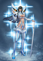Rule 34 | 10s, 1girl, bakuzan, black hair, blue eyes, boots, breasts, cleavage cutout, clothing cutout, cross, detached sleeves, high heel boots, high heels, junketsu, katana, kill la kill, kiryuuin satsuki, large breasts, living clothes, long hair, navel, revealing clothes, robot ears, solo, stiletto heels, suspenders, sword, thigh boots, thighhighs, weapon, white thighhighs, zola chen