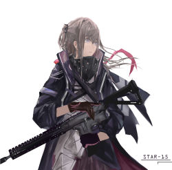 Rule 34 | 1girl, absurdres, ar-15, black gloves, blonde hair, character name, closed mouth, girls&#039; frontline, gloves, gun, highres, holding, holding gun, holding weapon, jacket, long hair, looking away, open clothes, open jacket, purple eyes, purple jacket, rifle, side ponytail, solo, st ar-15 (girls&#039; frontline), st ar-15 (mod3) (girls&#039; frontline), standing, weapon, white background, xiu kukkii