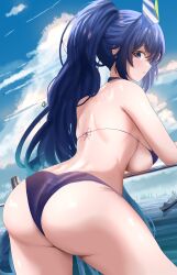 Rule 34 | 1girl, absurdres, ass, azur lane, bare shoulders, battleship, beach, bikini, blue bikini, blue hair, breasts, choker, closed mouth, cowboy shot, day, from behind, high ponytail, highres, large breasts, long hair, looking at viewer, looking back, military, military vehicle, new jersey (azur lane), new jersey (midsummer leisure) (azur lane), official alternate costume, outdoors, riflech, ship, signature, smile, string bikini, swimsuit, thighs, underboob, very long hair, warship, watercraft