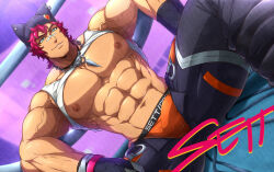 Rule 34 | 1boy, abs, bandaid, bandaid on face, bandaid on nose, bara, black gloves, black pants, bulge, character name, erection, erection under clothes, gloves, hat, heartsteel (league of legends), heartsteel sett, highres, jewelry, kuroshinki, large pectorals, league of legends, male focus, male underwear, muscular, muscular male, navel, necklace, nipples, open pants, orange male underwear, paid reward available, pants, pectorals, pink hair, sett (league of legends), short hair, sitting, solo, tank top, underwear, white tank top