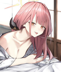 1girl alternate_costume aru_(blue_archive) black_horns blue_archive blurry blush breasts cleavage commentary_request depth_of_field grey_kimono halo highres horns indoors japanese_clothes jun_(30409972) kimono long_hair looking_at_viewer lying medium_breasts off_shoulder on_stomach pink_eyes pink_hair solo tongue tongue_out yellow_halo