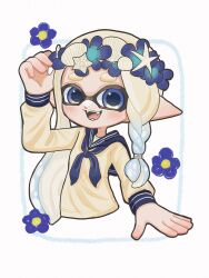 Rule 34 | 1girl, blue eyes, blue flower, blue hair, commentary request, fangs, flower, gradient hair, head wreath, highres, inkling, inkling girl, long hair, low-tied long hair, mina p, multicolored hair, nintendo, open mouth, pointy ears, sailor collar, sailor shirt, shirt, simple background, solo, splatoon (series), splatoon 3, two-tone hair, upper body, white background, white hair
