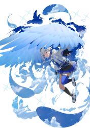 Rule 34 | 1girl, absurdres, amane kanata, amane kanata (work), angel, angel wings, beret, black gloves, blue hair, blue thighhighs, cloud, colored inner hair, feathers, fingerless gloves, full body, gloves, grey hair, hair ornament, hairclip, hat, highres, hololive, hood, hoodie, looking at viewer, multicolored hair, one eye closed, outstretched arm, partially fingerless gloves, purple eyes, shima46, single thighhigh, smile, solo, thigh strap, thighhighs, virtual youtuber, white background, wings