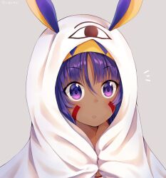 1girl animal_ears close-up dark-skinned_female dark_skin facial_tattoo fate/grand_order fate_(series) fox_ears medjed_(fate) nitocris_(fate) nitocris_(fate/grand_order) nitocris_(swimsuit_assassin)_(fate) nitocris_(swimsuit_assassin)_(second_ascension)_(fate) nonono_(nononotea) purple_eyes purple_hair tattoo